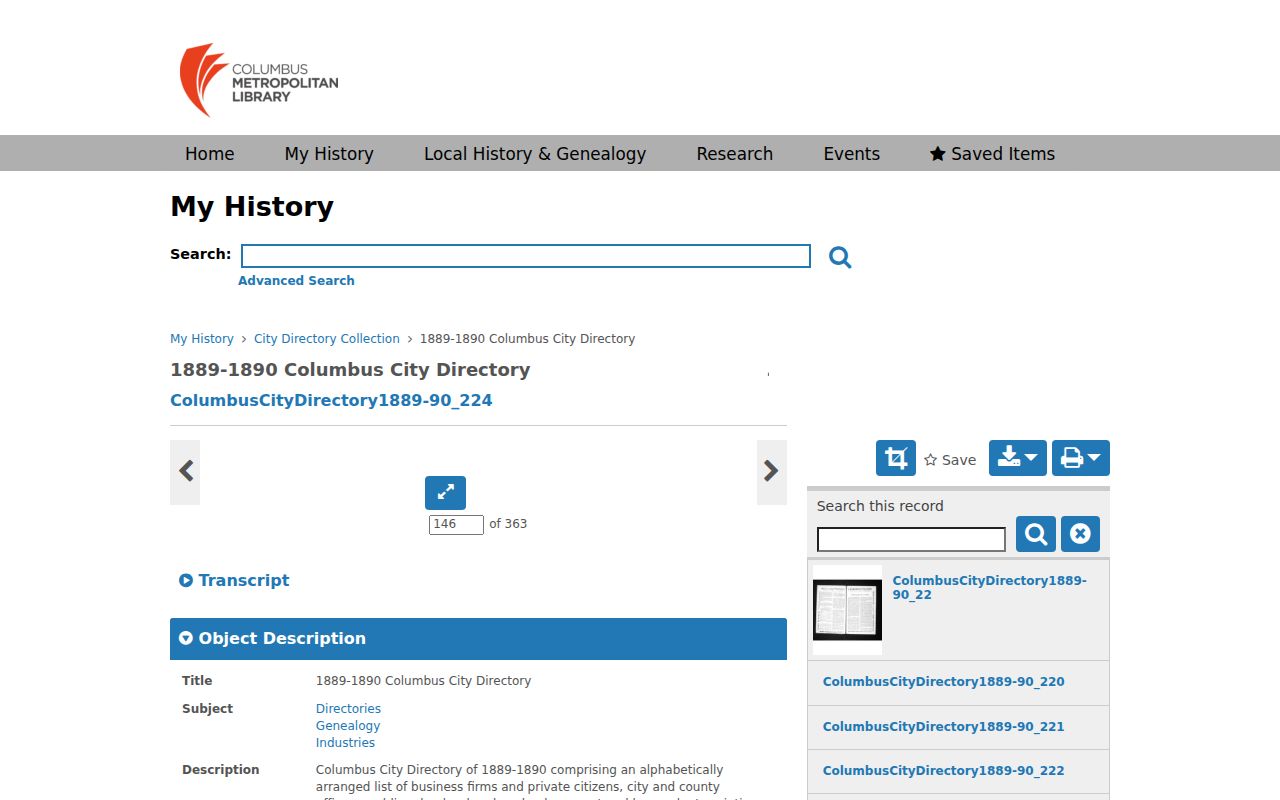 Reynoldsburg city directory 1889 Columbus collection entry