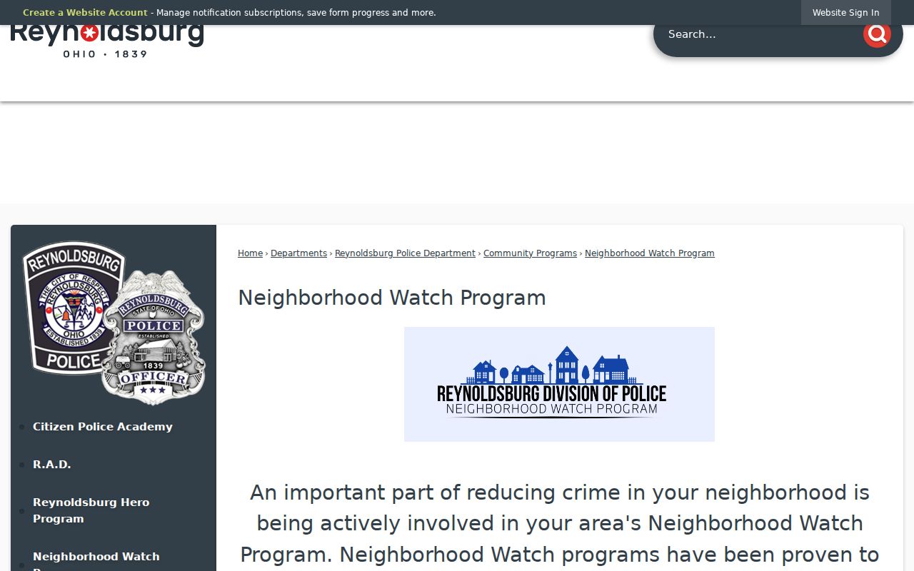Reynoldsburg neighbors Neighborhood Watch community contact page